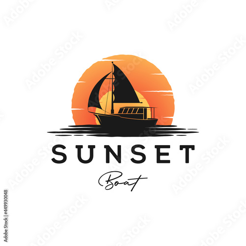 traditional sailing yacht, boat, ship and exotic sunset scene silhouette logo design vector