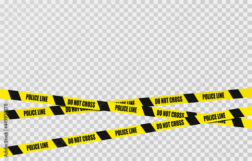 Black and yellow stripe with police line do not cross text isolated on transparent background. Crime scene concept. Caution seamless tape. Vector illustration