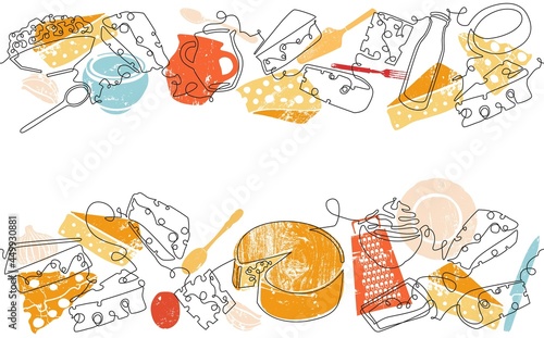 Two top and bottom Seamless Patterns with Cheeze and empty space for text between them. Vector Background with dairy products. Can be yused like Border, Banner, Flyer, Texture, Frame, Poster.