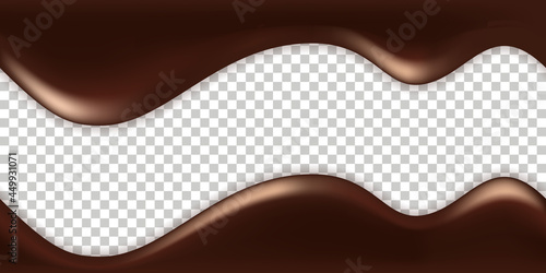Melted chocolate drip waves. Milk chocolate creamy texture. Liquid syrup spill . Isolated wavy swirls on transparent background. Vector illustration