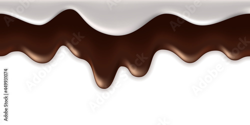 Melted chocolate and milk cream drip flow. Dark brown choco and milky waves on white background. Liquid flowing syrup texture. Vector illustration