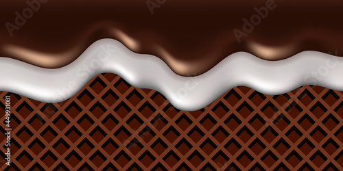 Melt chocolate and milk drip on waffle background. Liquid dark brown chocolate flow and white cream milk wave, sweet dessert with ricing, delicious candy .. Vector illustration