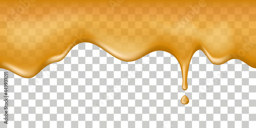 Honey drip flow.. Oil, honey,caramel, maple syrup or sauce splash wave, Liquid texture with droplet, isolated on transparent background. Vector illustration
