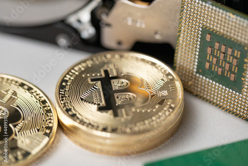 Bitcoin next to cpu, microprocessor, computing power to calculate block chain and crypto currency