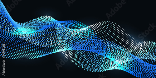Glowing wave swirl, dot pparticles synergy effect. Nano technology and big data science, ceber space and cosmic universe. Tech futuristic wave, abstract background. Vector illustration