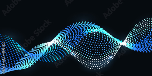 Blue undulate wave with nano dot particles and  light effect. Cyber space and nano technology, big data science and digital network. Abstract background. Vector illustration