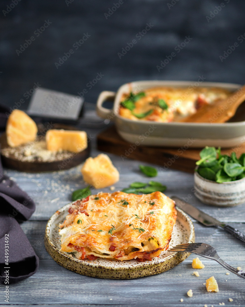 Italian cuisine. Cannelloni with spinach and ricotta. Lasagna with parmesan cheese in tomato sauce. Italian dinner. Italian food on a gray wooden background. Italian cuisine. Cannelloni with spinach and ricotta. Lasagna with parmesan cheese in tomato sauce. Italian dinner. Italian food on a gray wooden background.