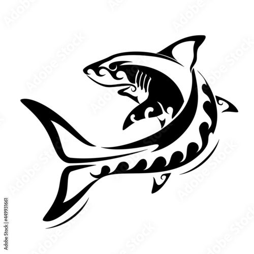 shark tribal tattoo illustration wave pattern white background                    