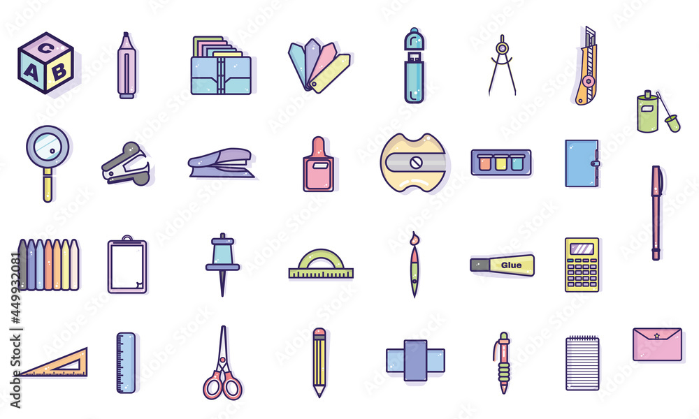 Set of different school supplies icons Set of different school supplies icons