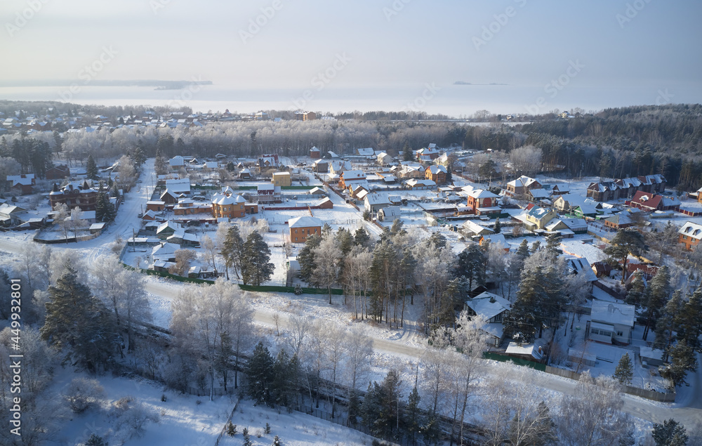 Aerial view of suburb of the siberian city of Novosibirsk in winter season.