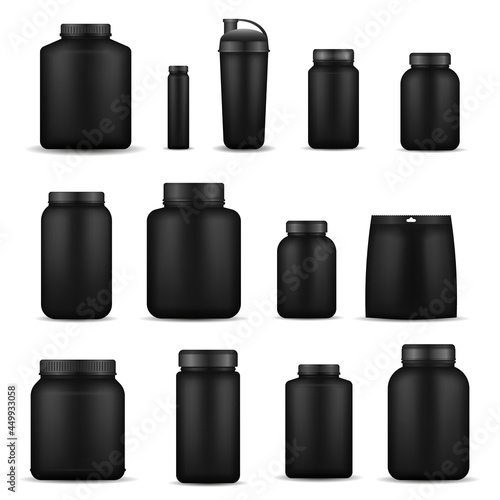 Whey protein in black plastic jar, bottle. 