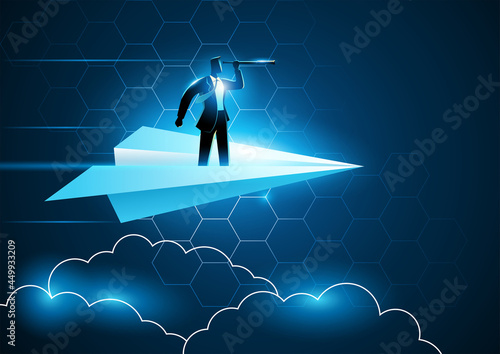 Businessman flying with paper plane using telescope