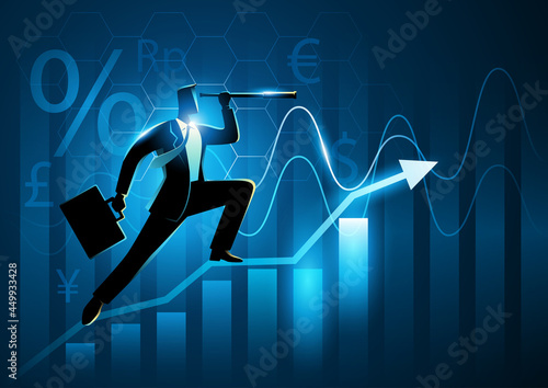 Businessman using telescope on graphic chart