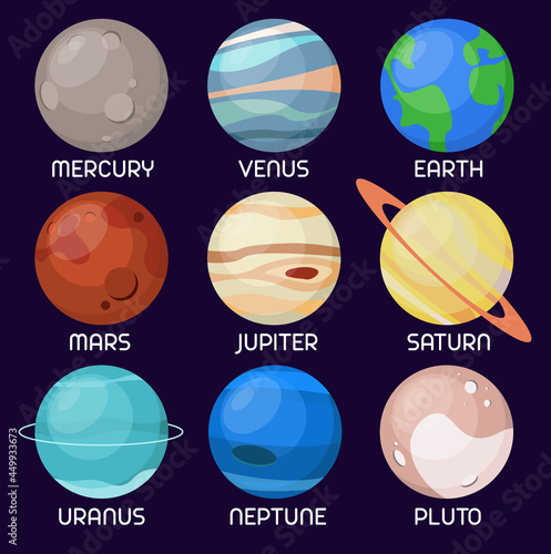 Illustration set of the planets of the Solar system on dark purple background. Cartoon vector planets