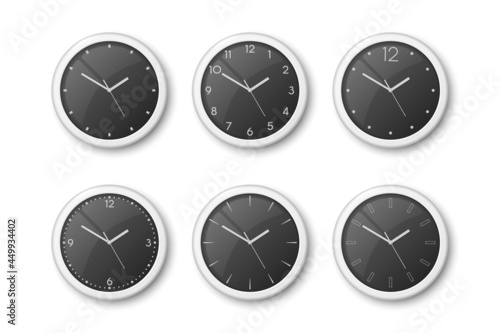 Vector 3d Realistic White Wall Office Clock Icon Set Isolated on White. Black Dial. Design Template of Wall Clock Closeup. Mock-up for Branding and Advertise. Top, Front View
