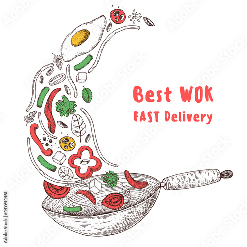 Wok pan and ingredients for wok sketch. Hand drawn vector illustration. Asian food. Noodles, meat, pepper, egg and other ingredients. Asian cuisine.