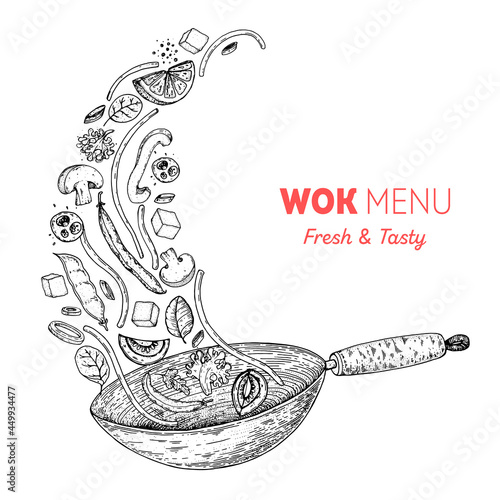 Wok pan and ingredients for wok sketch. Hand drawn vector illustration. Asian food. Noodles, meat, pepper and other ingredients. Asian cuisine.