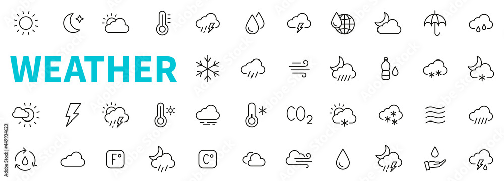Weather line icon collection. Weather forecast symbol. Outline Weather icons set. Weather, cloud, rain, snow, wind, hurricane, sun, moon, thermometer and more - stock vector. - obrazy, fototapety, plakaty 
