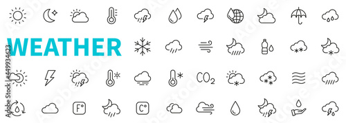 Weather line icon collection. Weather forecast symbol. Outline Weather icons set. Weather, cloud, rain, snow, wind, hurricane, sun, moon, thermometer and more - stock vector.