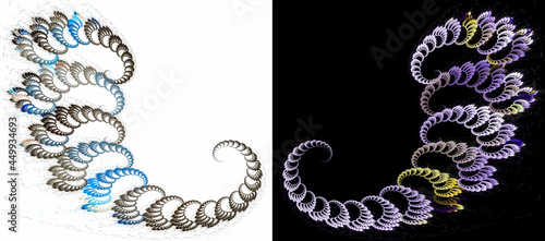 Symmetrical curls are composed of small spirals. Two abstract fractal backgrounds in one. Graphic design elements on white and black backgrounds. 3d rendering. 3d illustration.