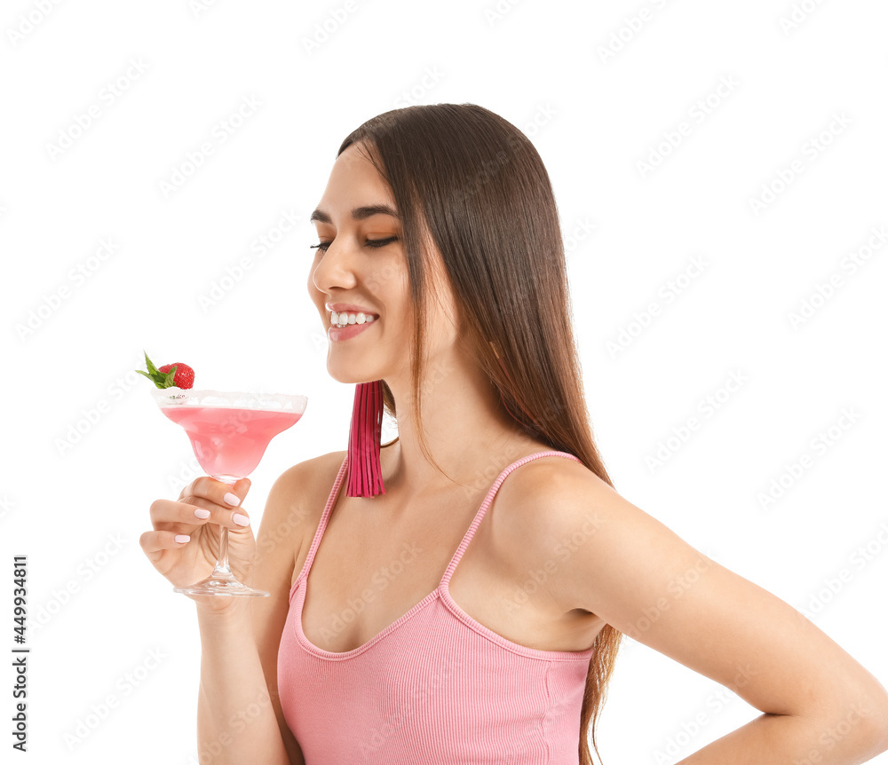 Beautiful young woman with cocktail on white background Beautiful young woman with cocktail on white background