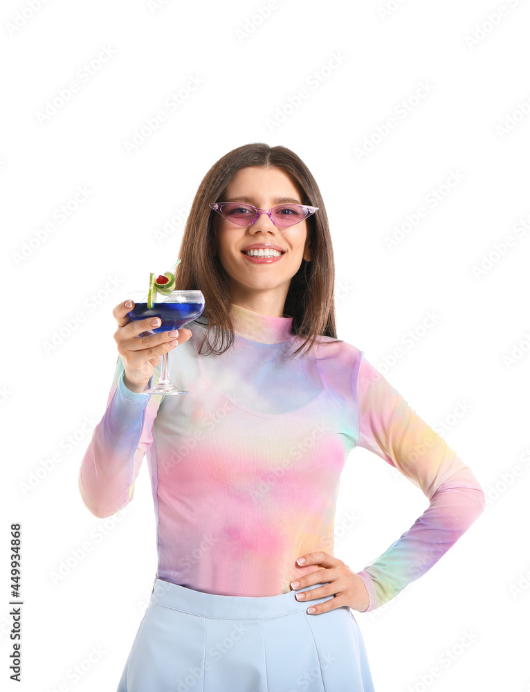 Beautiful young woman with cocktail on white background Beautiful young woman with cocktail on white background