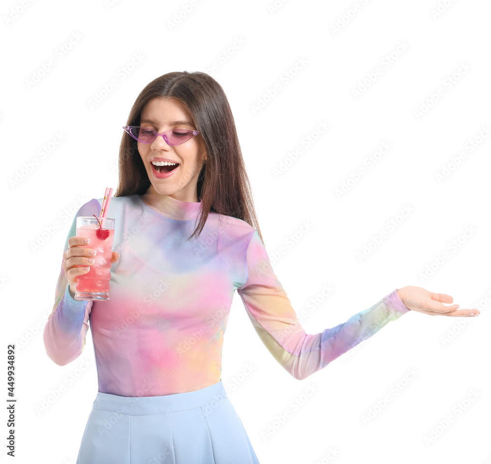 Beautiful young woman with cocktail on white background Beautiful young woman with cocktail on white background