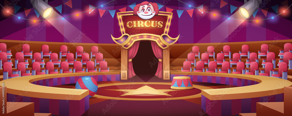 Cartoon circus arena. Round stage under marquee dome with seats, flags and searchlights for entertainment performance or carnival show. Empty interior inside or carnival ring of cirque tent with scene - obrazy, fototapety, plakaty 