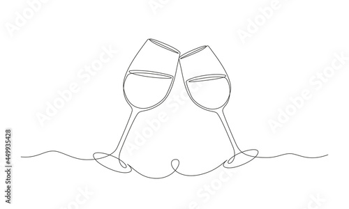 Continuous one line drawing of two glasses of red wine. Minimalist linear concept of celebrate and cheering. Editable stroke Vector illustration