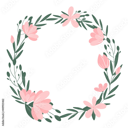 Pink flowers round wreath isolated on white background. Cute botanical frame. Flowers and leaves wreath design element for wedding, party, invitation, card, copy space.