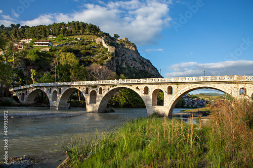 Historical arched bridge over the Osumi River in Berat, Albania