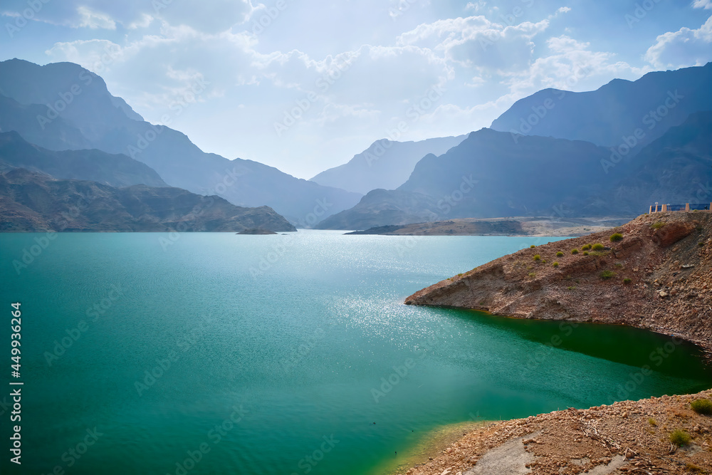 Scenic view of lake and mountain. Wadi Dayqah dam, Oman tourism.