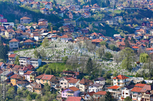 Aerial view over the cemetery of the victims from the Bosnia - Serbia war, Sarajevo, Bosnia and Herzegovina.