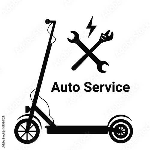 Vector scooter auto service logo with spannels.  Kick scooter repair logo. Concept  design logotype auto repair shop. Vector illustration. 