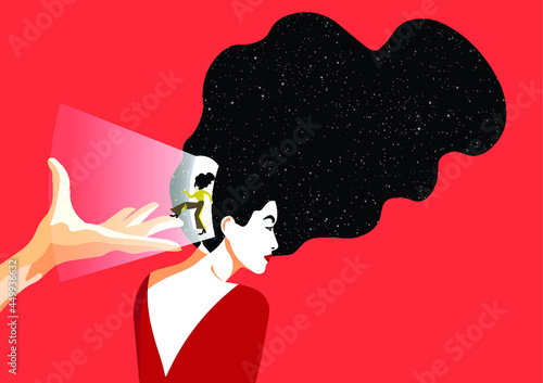 Neurodiversity - Neuroscience -  Opening Door of the Woman Inside the Head in a Cool Red Background