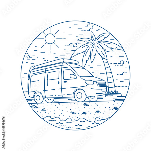 Camper van logotype. Happy camper holiday beach design template. Vector and illustrations.

