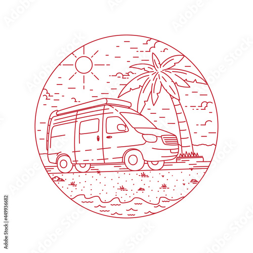 Camper van logotype. Happy camper holiday beach design template. Vector and illustrations.
