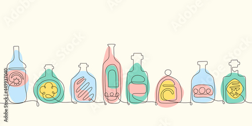 Set with different bottles of alcohol in trendy one continuous line art style. Party, pub, restoraunt, club element for prints, textile, posters,cards etc. Vector linear abstract illustration