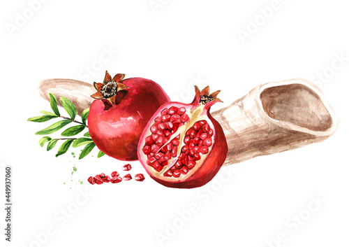 Pomegranate and Rams Horn. Jewish new year, Rosh Hashanah, Shana Tova concept. Hand drawn watercolor illustration  isolated on white background