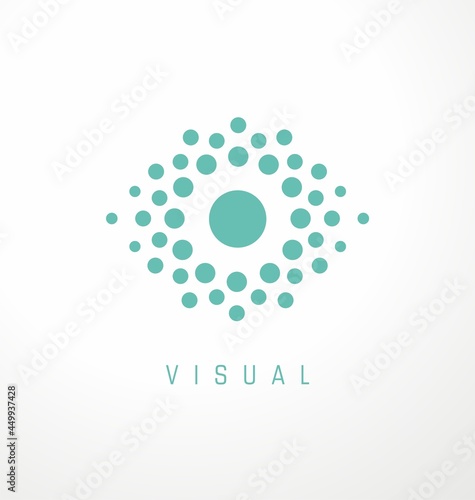Logo design concept for optician or ophthalmology clinic. Eye shape made from small dots abstract symbol idea. Vector emblem layout visual medical care.