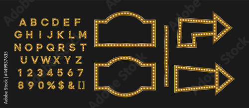 Shiny gold signboard and arrow for autumn fall sale banner. Marque alphabet for night club logo or event badge.