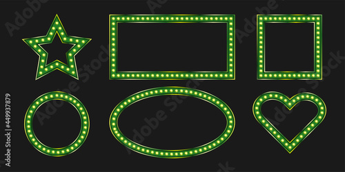 Green square and oval geometric frames with marquee bulb. Vintage shiny signboard with neon light. Warm led lit.