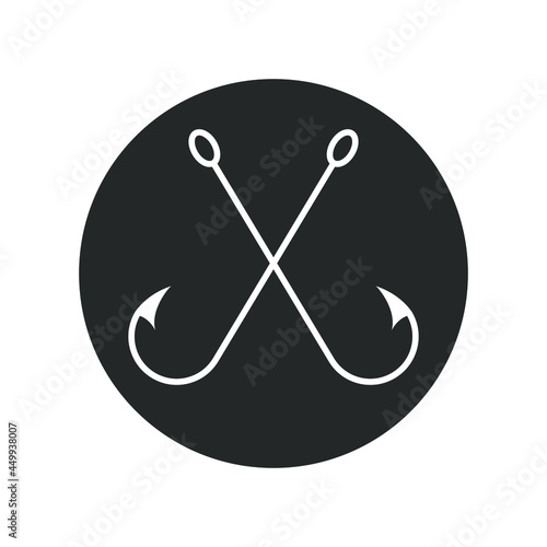 Crossed fish hooks graphic icon.  Fishing hooks sign in the circle isolated on white background. Vector illustration