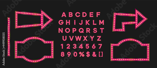 Shiny pink signboard and arrow for black friday sale banner. Marque alphabet for night club logo or event badge.