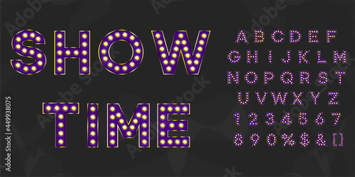 Violet show time shining marquee alphabet with numbers and warm light. Purple vintage illuminated letters for text logo or sale banner