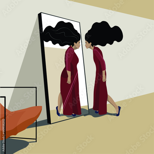 Psychopathology - Mental Health Disorder - Body Dysmorphia Disorder - Lean woman looking in the mirror and selling herself fat