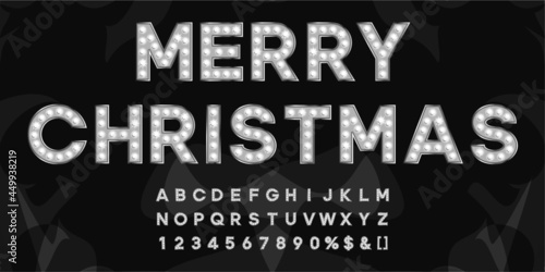 Merry Christmaas letters in silver with cold light bulbs. Abc alphabet for creating vintage text for theater or movie event