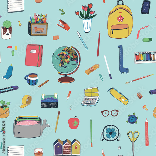 Back to school objects: globe, backpack, notebook, pen, paint seamless vector pattern