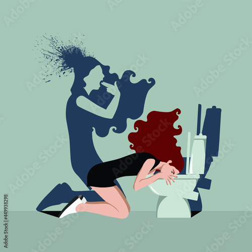 Psychopathology - Mental Health Disorder - Bulimia Nervosa - Woman vomiting in bathroom and her shadow taking shot