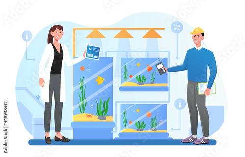 Cultivation of aquatic plant and animal for food. Modern agriculture technology. Farmer hand hold smartphone with wireless remote control. Flat cartoon vector concept design isolated white background